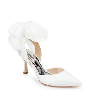 Blaze Satin Bow Stilettos White Satin Pointed-Toe Ankle-Strap Pump with Bow